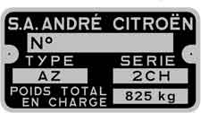 Typenschild Citroen AZ 2CV 7,9x4,1cm